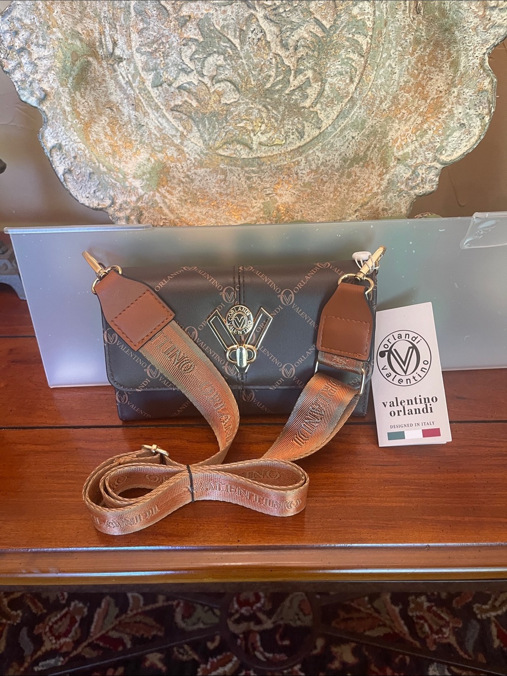 Valentino Orlandi Brown Monogram Messenger Bag with Tan Strap